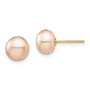 14k Yellow Gold Childrens 7-8mm Pink Button FWC Pearl Stud Post Earrings